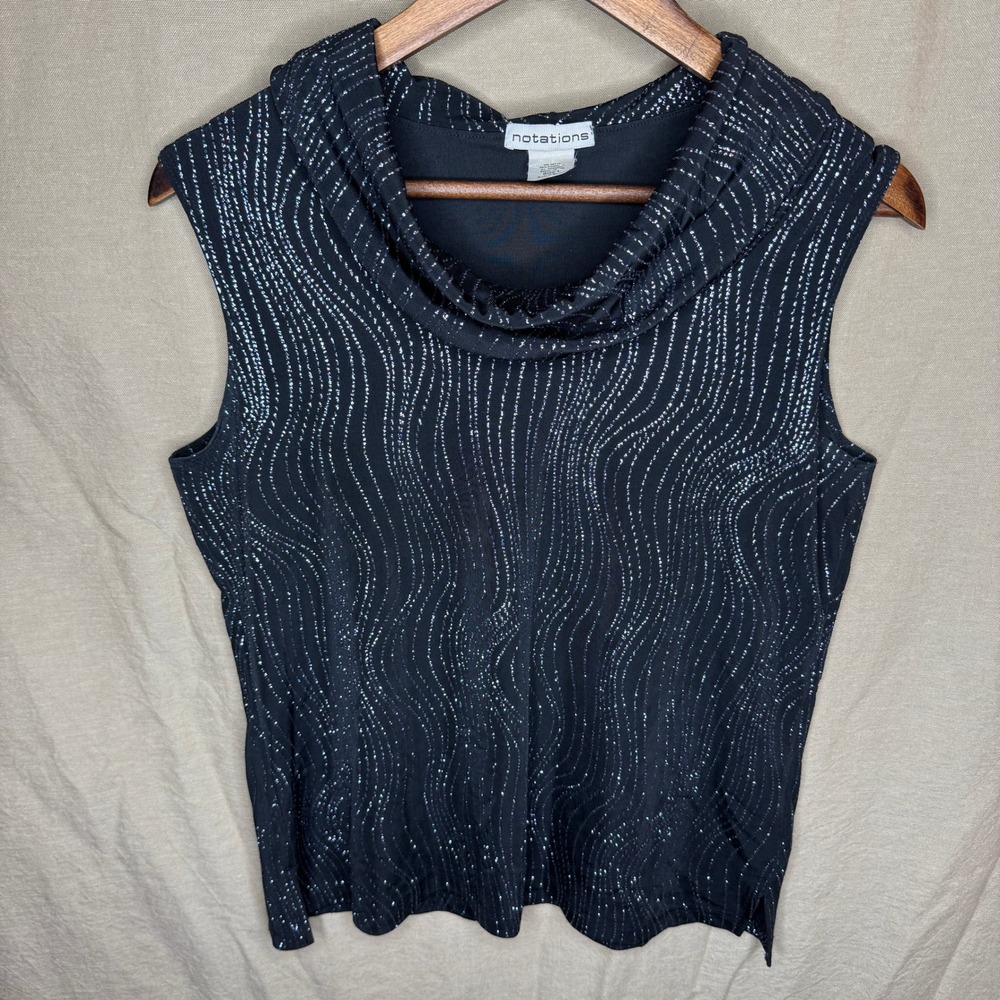 Y2K FairyCore Womens Cowl Neck Sleeveless Top Black Silver Glitter Wavy Stripe L